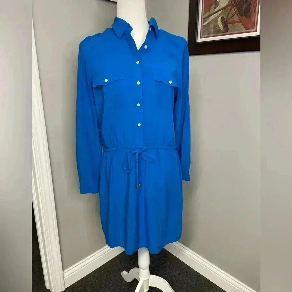 Lauren Ralph Lauren Petite Royal Blue Dress Button Down Drawstring Size 12 P